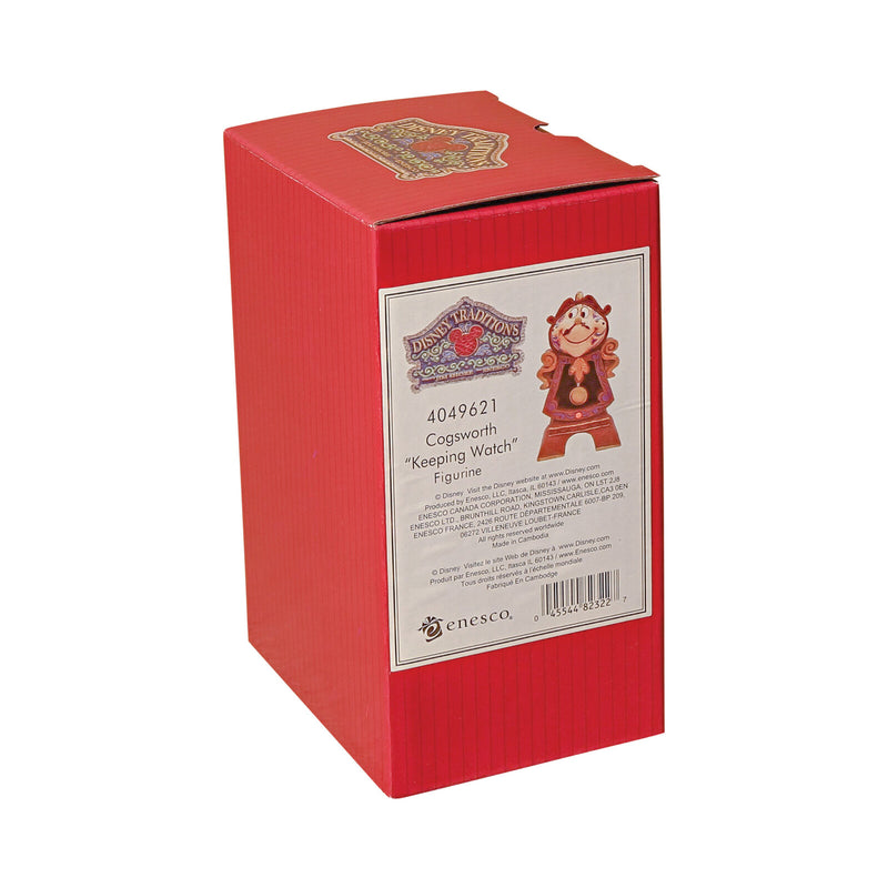 Packaging of Jim Shore Disney Traditions Cogsworth 'Keeping Watch' Figurine from Beauty and the Beast with product details.