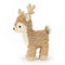 A fluffy beige reindeer plush toy with white facial details, soft tan antlers, and standing on four tiny hooves.