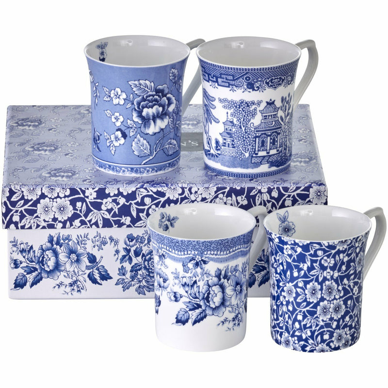 Queens Blue Story Royale Mugs - Set 4. Featuring the Calico, Albertine, Willow, and Tonquin designs