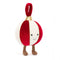 A plush toy resembling a red and white striped bauble with a smiling face, a gold top, red hanging loop, and brown knitted legs.