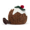 A plush toy resembling the back of a Christmas pudding with textured brown body, white frosting, a red berry, and a green leaf, complemented by small brown legs.