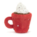 A fluffy toy resembling a red mug filled with plush "hot cocoa" topped with a white "whipped cream" layer. The mug features a side handle and embroidered silver stars.
