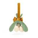 Features three cream-colored berries tied with a shimmering gold bow and a hanging loop. 