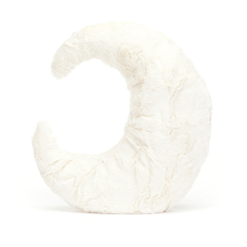 A plush white crescent moon toy with a soft texture.