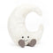 A plush crescent moon toy with a soft white texture. The moon has an adorable smiling face with black eyes and a curved mouth. It rests on two small, grey, rounded feet.