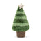 A plush, green Christmas tree toy with a smiling star on top and a cheerful face on the base.