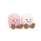 A pair of plush marshmallows, one pink and one white, connected by a satin ribbon. Both have cute facial features, praline corded boots, and blushed cheeks, symbolizing friendship and togetherness.
