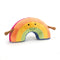 A plush toy shaped like a rainbow, showcasing pastel stripes in peach, yellow, and turquoise. 