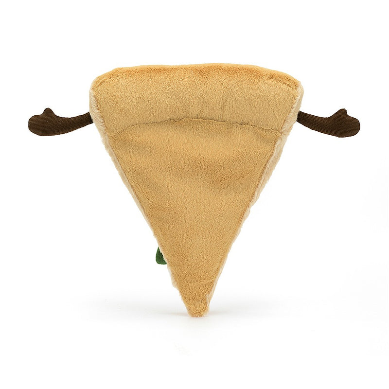A plush representation of a pizza slice, featuring rich details like a soft crust, red marinara, creamy mozzarella, and olives.
