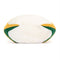 A plush toy shaped like a rugby ball, predominantly white with green and yellow curved stripes on its sides. The toy appears soft with a fuzzy texture.