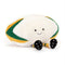 A plush toy resembling a rugby ball in white with green stripes. It has a cute smiling face, and tiny legs with black dotted shoes and striped yellow and green socks. 
