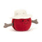 A cheerful red cricket ball plush toy with a white sunhat, two gray arms, and a smiling face.