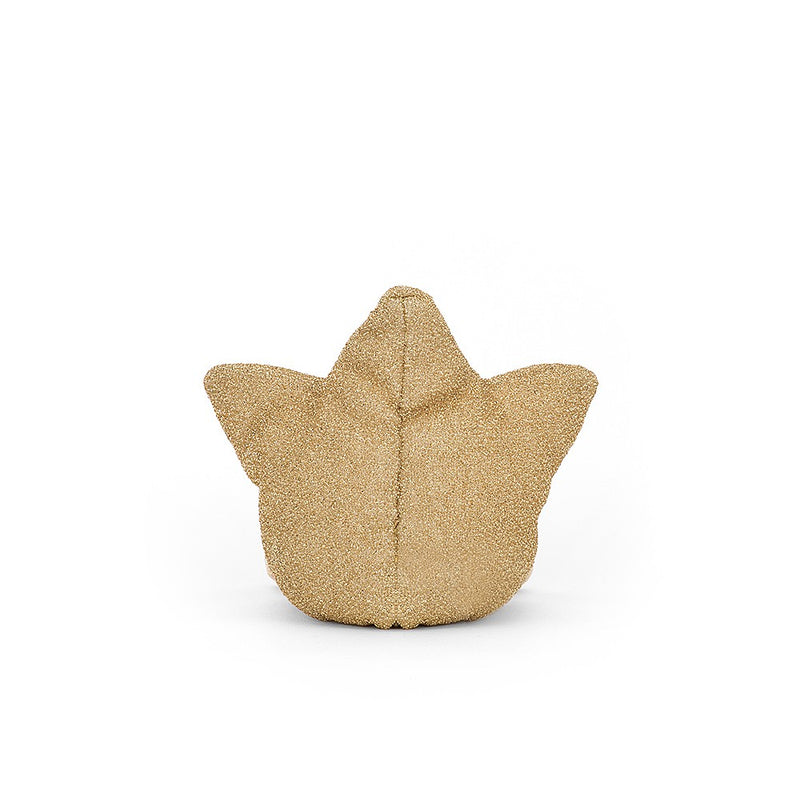 A rear view of a shimmering gold star plush toy with a central seam and curved tips.