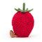 A soft plush toy designed as a ripe strawberry, detailed with embroidered seeds and a corded leaf cap