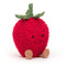 A soft plush toy designed as a ripe strawberry, detailed with embroidered seeds and a corded leaf cap