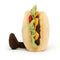 A colorful and vibrant Jellycat Amuseable Taco plush toy, featuring a tactile shell, soft suedey lettuce, tomato details, and cute cordy booties.