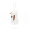The image showcases a white plush snowman ornament, featuring a carrot nose, brown scarf, and red tartan bow-tie. A white ribbon loop extends from its top for hanging.