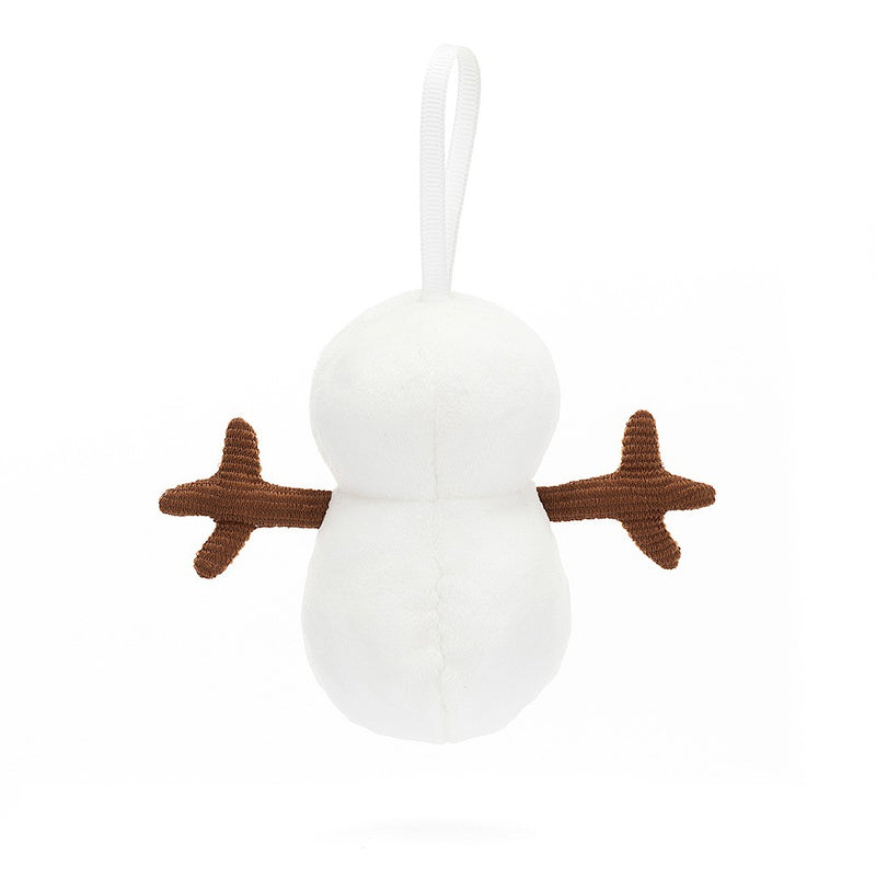 The image displays the back of a white plush snowman ornament, with brown knitted arms stretched out. A white hanging ribbon is attached to its top.