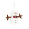 The image depicts a soft snowman ornament with a white body, a carrot nose, stick-like arms, black facial features, and a colorful tartan bow-tie. It also has a white hanging ribbon.