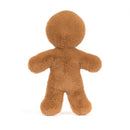 A back view of a plush gingerbread man toy, displaying its soft brown fur without any detailing or accessories.