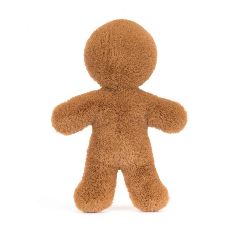 A back view of a plush gingerbread man toy, displaying its soft brown fur without any detailing or accessories.