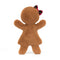 A gingerbread plush toy viewed from the back, displaying its fluffy brown texture. The toy has a tartan bow on its head and is in a standing posture with arms raised.