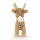 A rear view of a fluffy beige reindeer plush toy, showcasing its soft tan antlers, white tail, and tiny hooves.