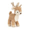 A soft beige toy reindeer with white face, textured antlers, and a brown nose.