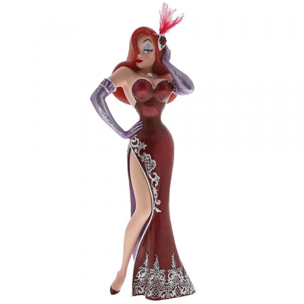Jessica Rabbit figurine from Disney Showcase Collection. Jessica Rabbit one hand on her waist in a classic "akimbo" pose, and the other hand gracefully touching her long red hair. shop on Bella Casa Gifts & Collectables