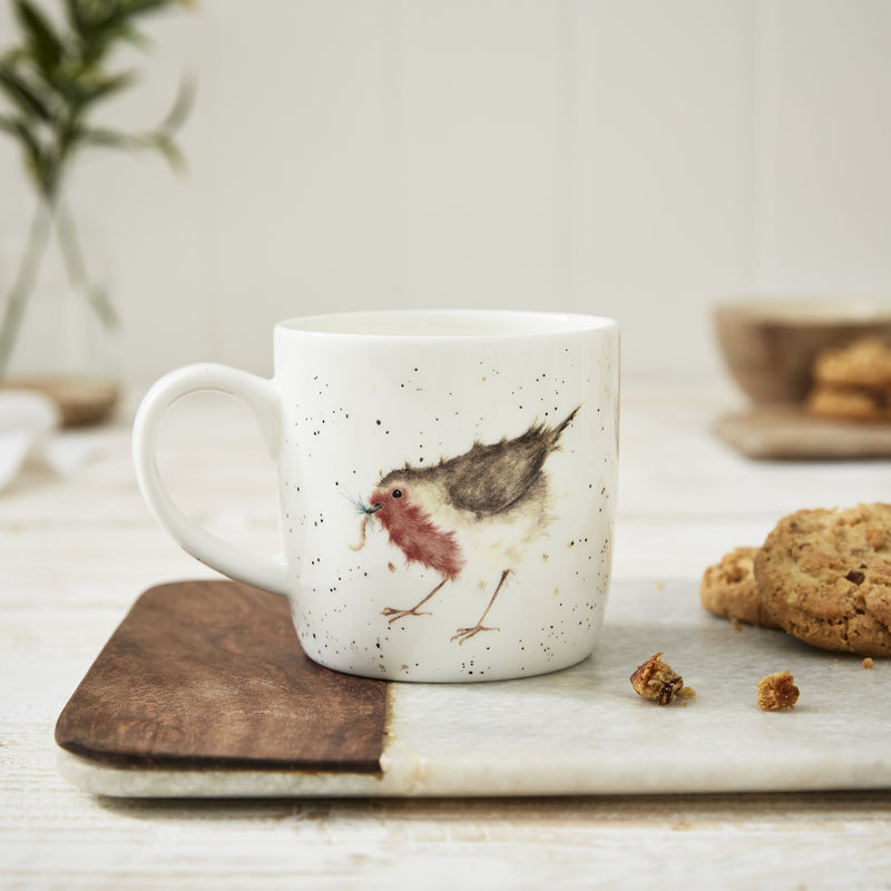 Display Royal Worcester Wrendale Designs - Fine Bone China Robin Mug on a kitchen table with cookies