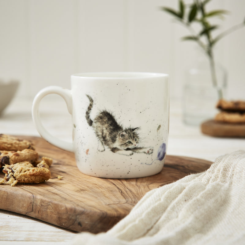 Royal Worcester Wrendale Designs - Fine Bone China Cat and Mouse Mug 310ml, display on a wooden cheese board with cookies and drinks