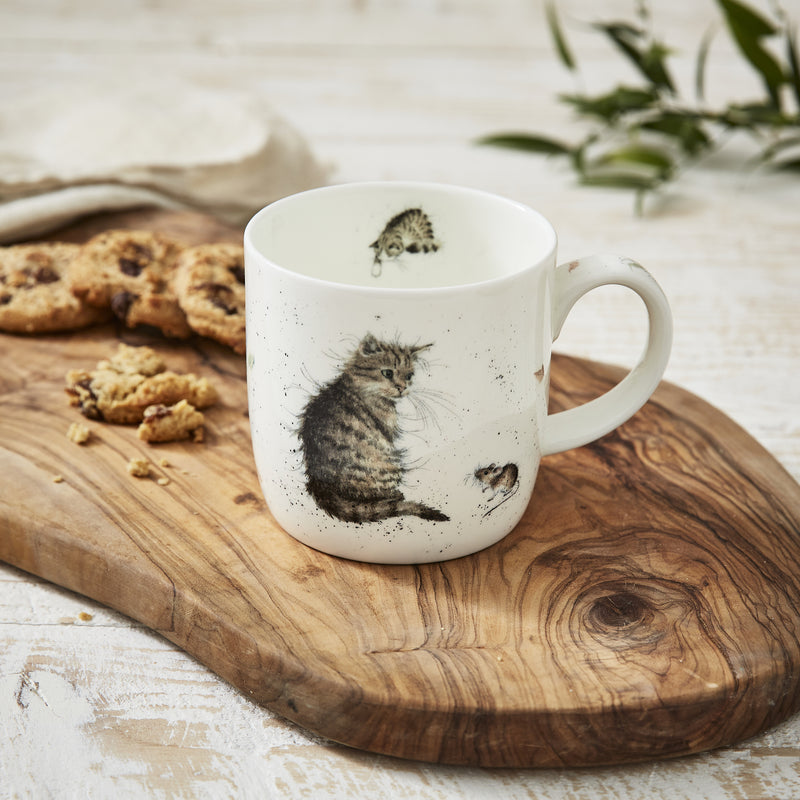 Royal Worcester Wrendale Designs - Fine Bone China Cat and Mouse Mug 310ml, display on a wooden cheese board with cookies and drinks in a kitchen