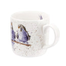Royal Worcester Wrendale Designs Budgie Mug - Date Night, two birds with purple feather in love, mug handle on the right
