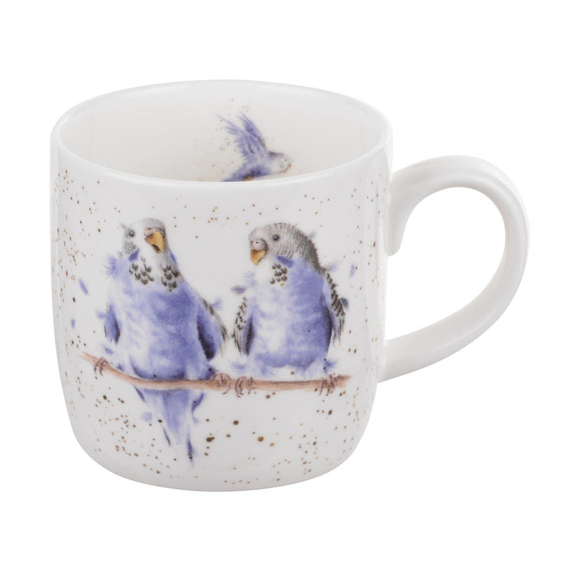 Royal Worcester Wrendale Designs Budgie Mug - Date Night, two birds with purple feather in love