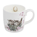 Royal Worcester Wrendale Designs Budgie Mug -  Feather Your Nest, two nestlings in the nest with pink flowers.